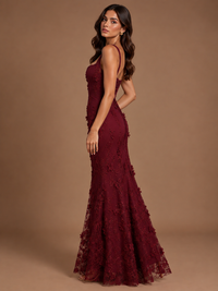 Floral Applique Mermaid Formal Dress with Lace-Up Back