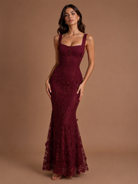 Floral Applique Mermaid Formal Dress with Lace-Up Back