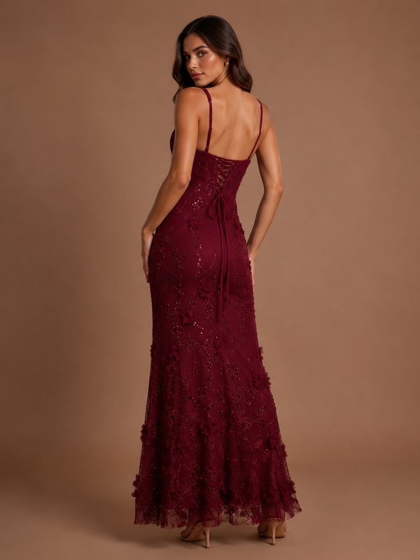 Floral Applique Mermaid Formal Dress with Lace-Up Back