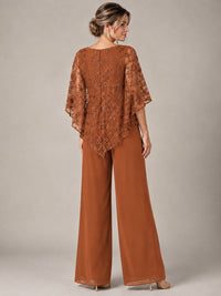 3/4 Sleeve Sequin Chiffon Jumpsuit with Cape