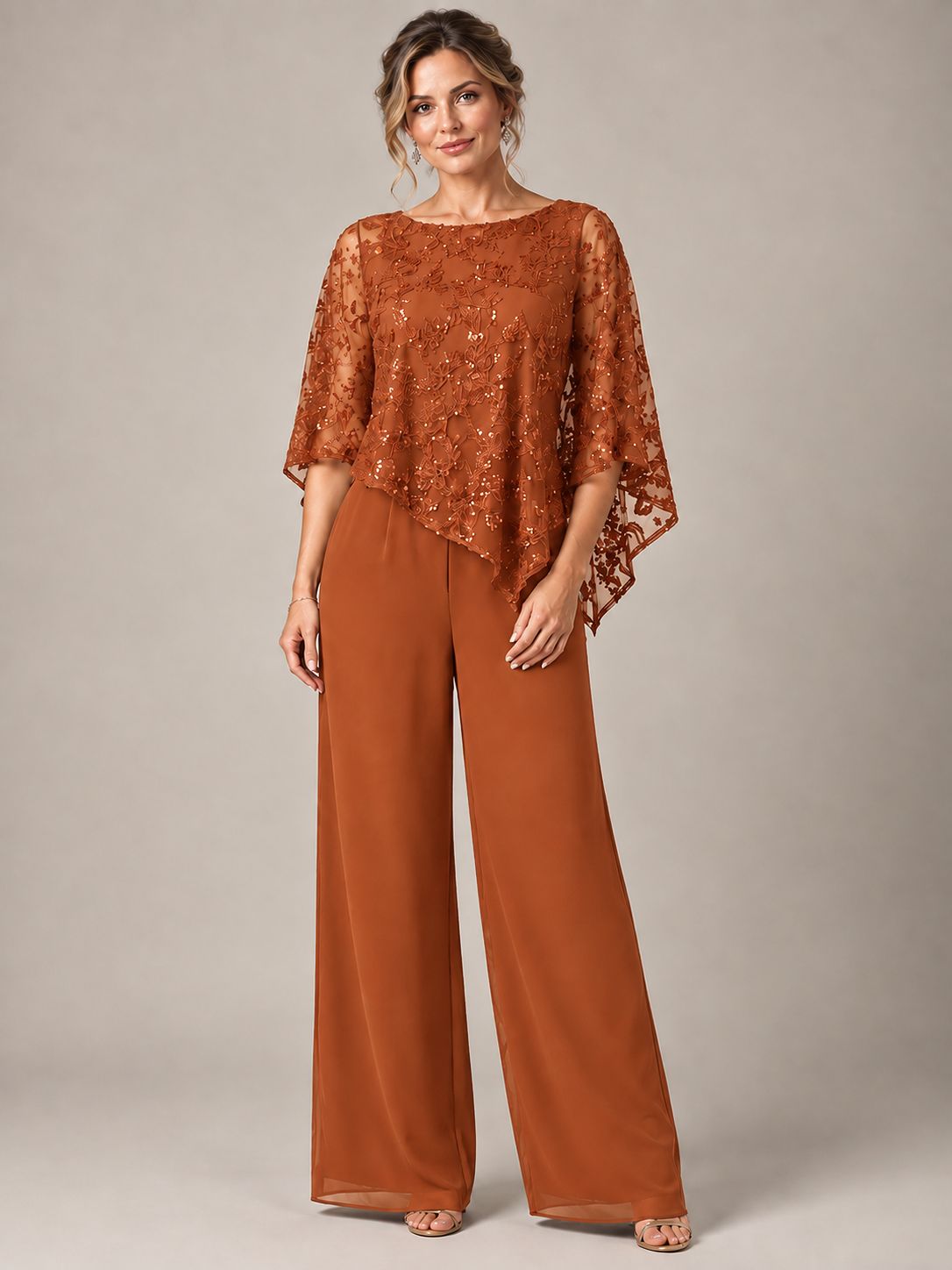 3/4 Sleeve Sequin Chiffon Jumpsuit with Cape