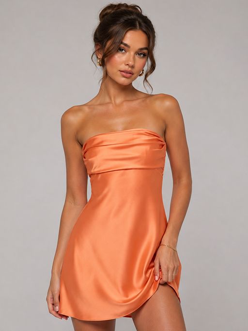 Burnt Orange Strapless Satin Mini Dress