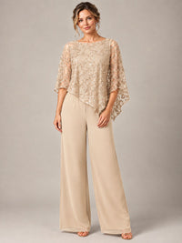 3/4 Sleeve Sequin Chiffon Jumpsuit with Cape