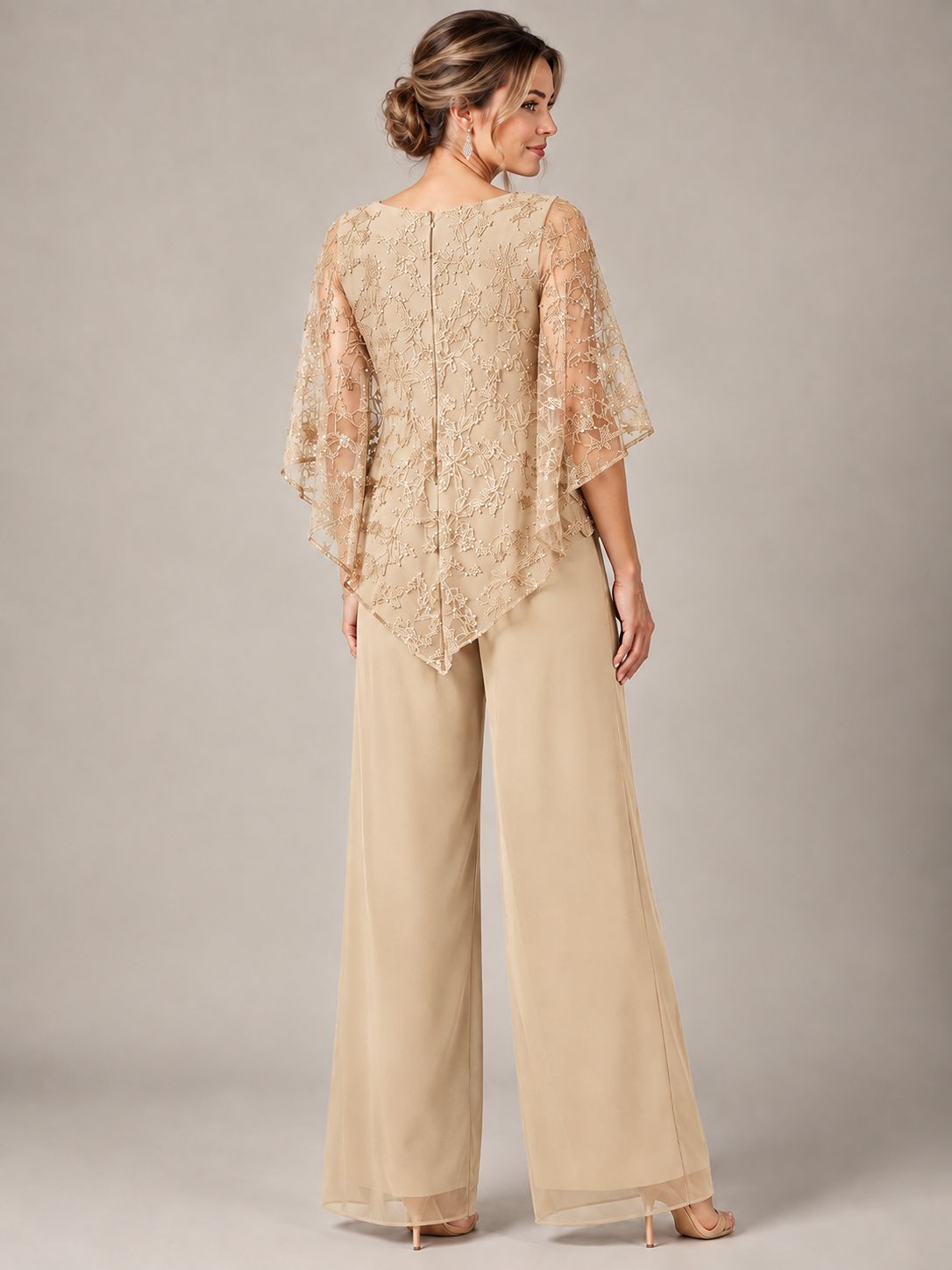 3/4 Sleeve Sequin Chiffon Jumpsuit with Cape