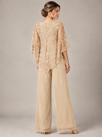 3/4 Sleeve Sequin Chiffon Jumpsuit with Cape