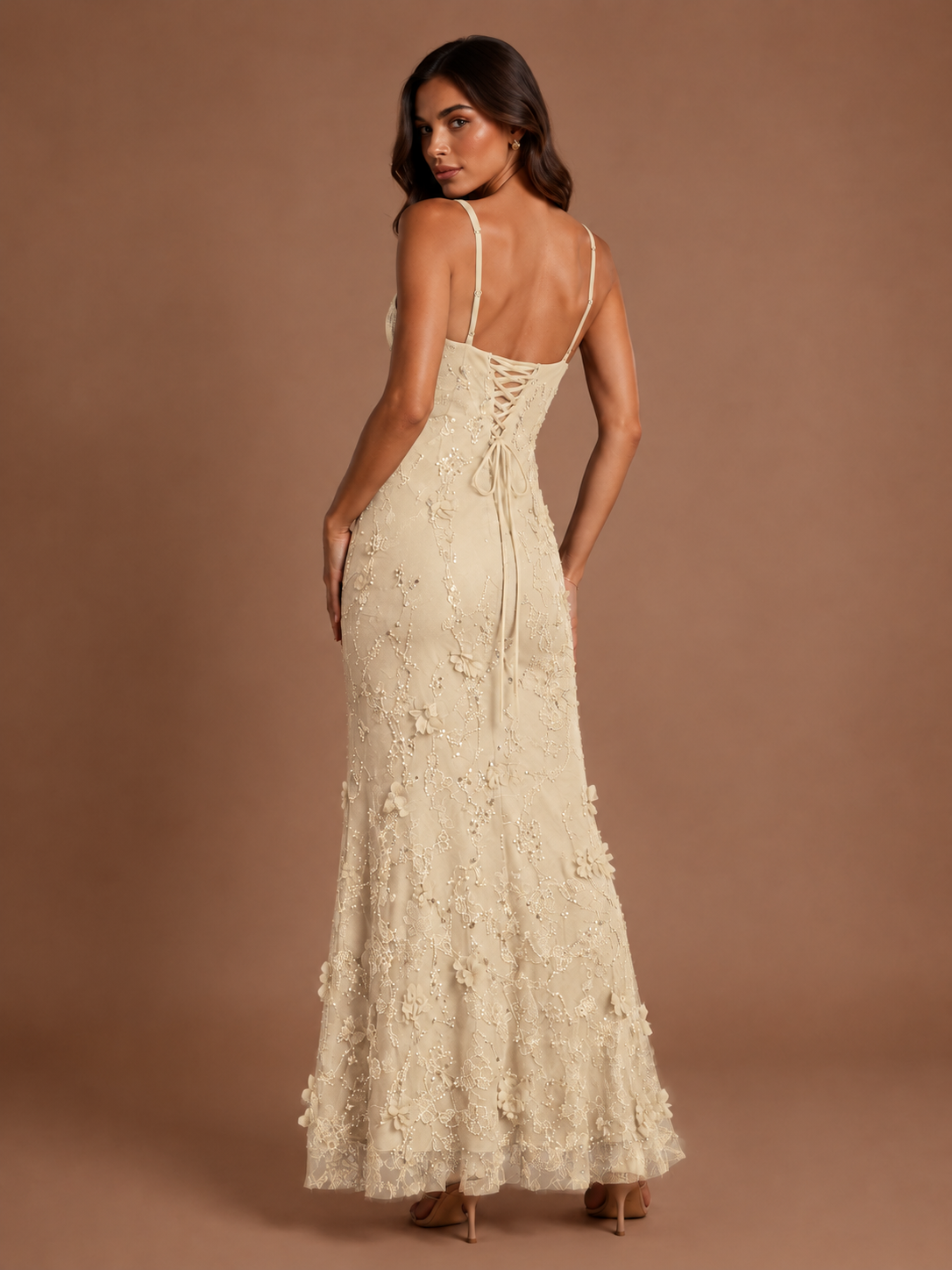 Floral Applique Mermaid Formal Dress with Lace-Up Back