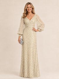 Champagne Mermaid Sparkle Sequin Mother of The Bride Dresses with Long Sleeves