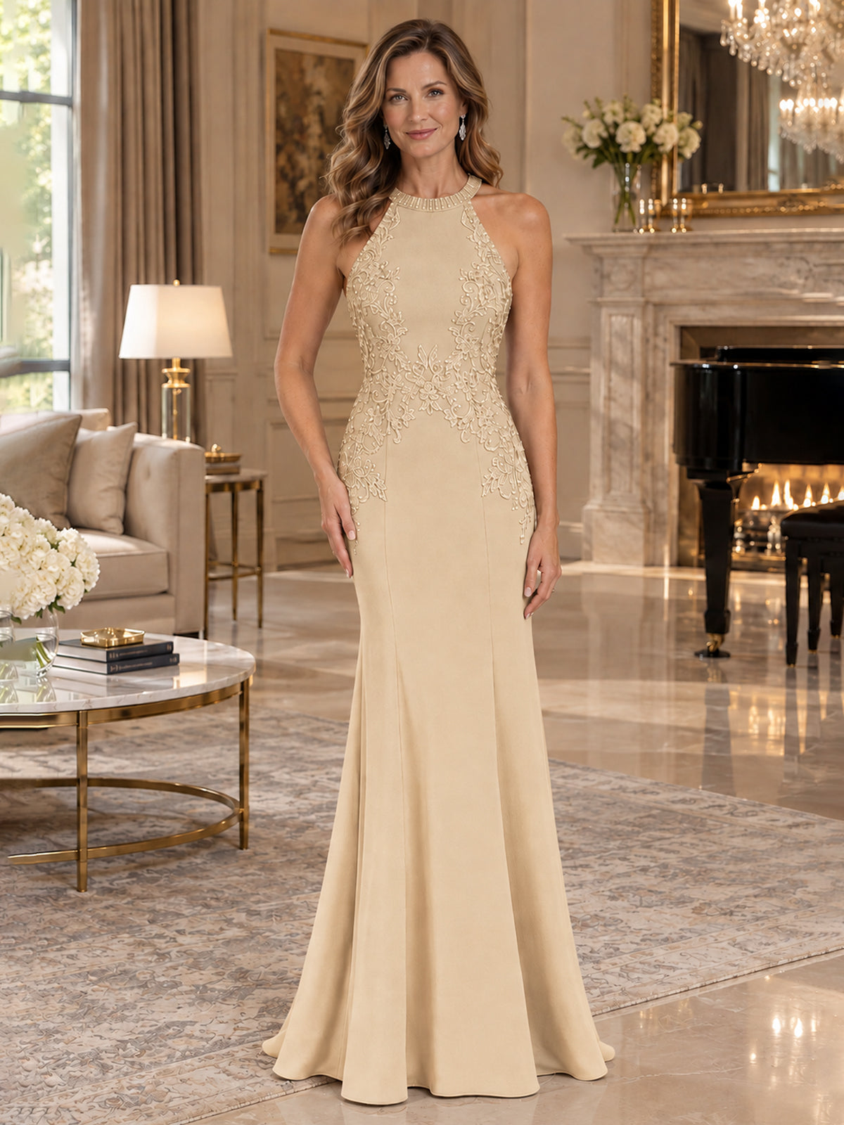 Halter Neckline Lace Appliques Mother of The Bride Dresses