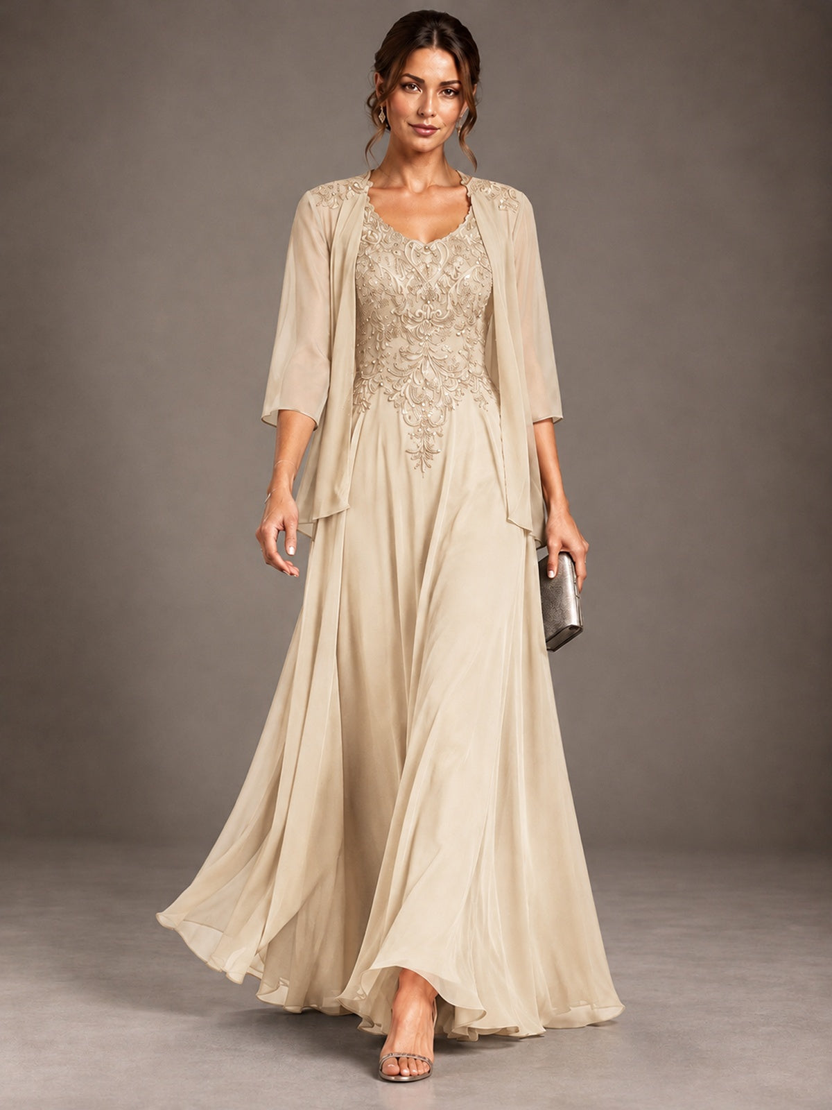A-line 2 Pieces Chiffon Appliques Mother of The Bride Dresses with Jackets