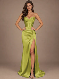 Dusty Blue Strapless Lace Corset Prom Dress with High Slit