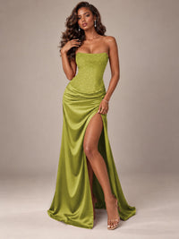 Burgundy Strapless Sparkly Corset Prom Dress with High Slit