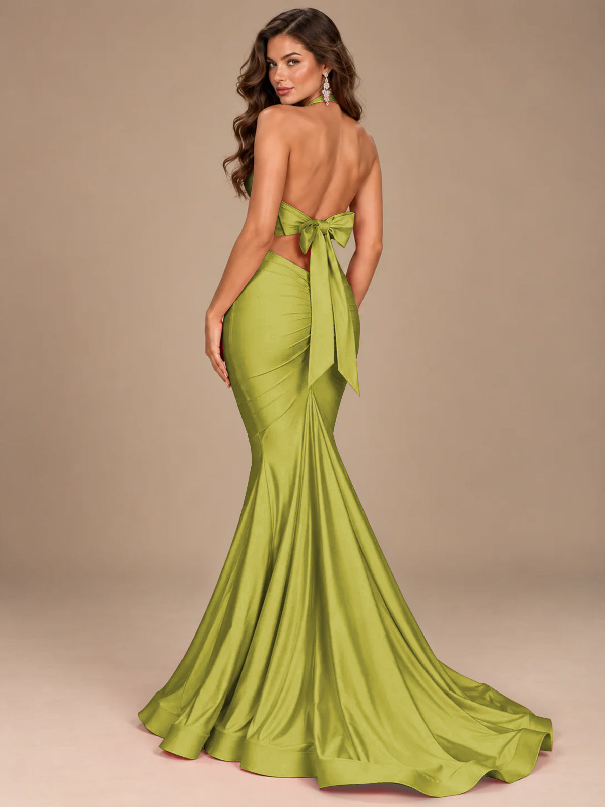 Pink Halter Deep V-Neck Ruched Mermaid Prom Dress