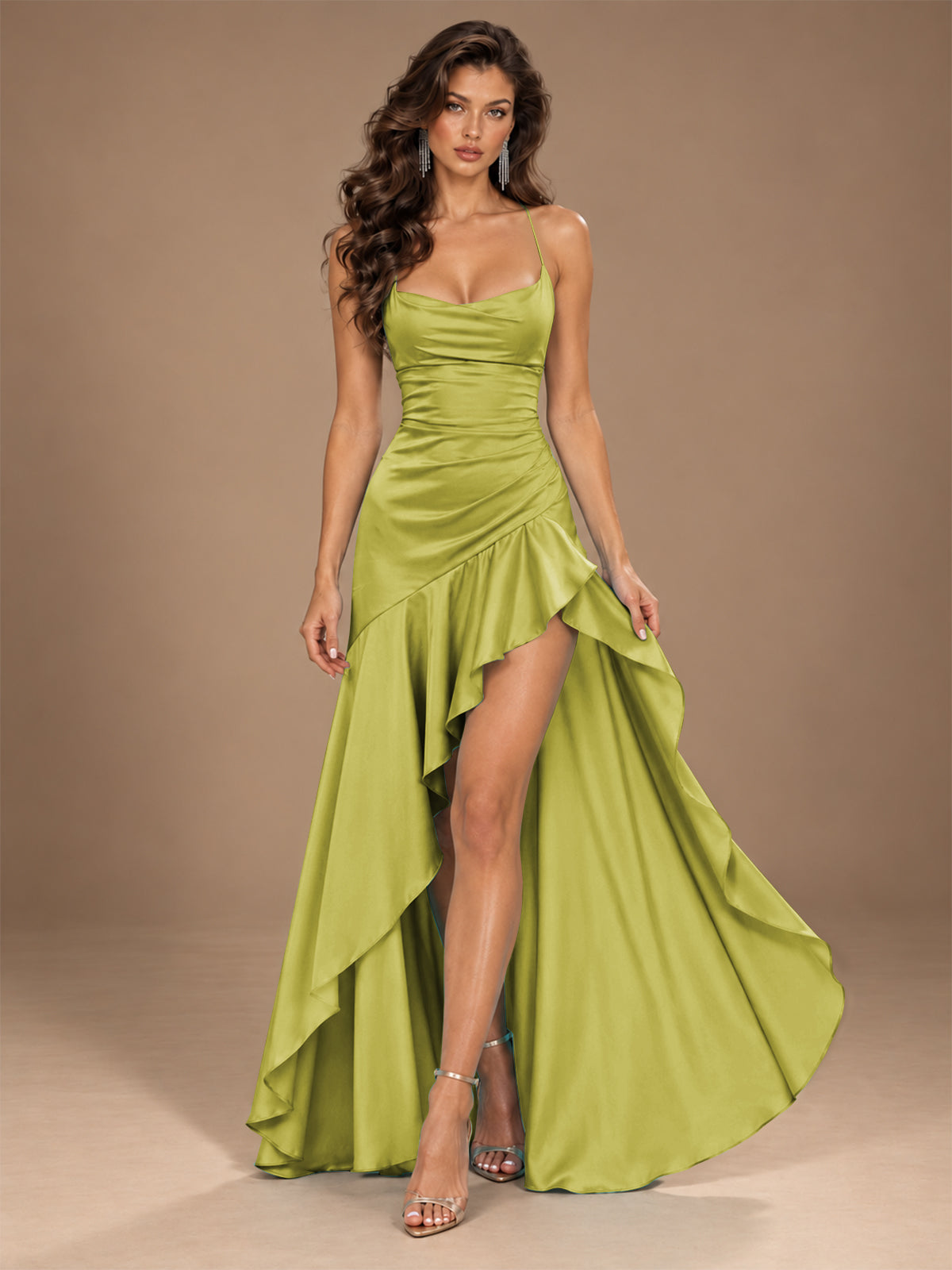Burgundy Spaghetti Strap Ruched Prom Dress with Ruffled High Slit