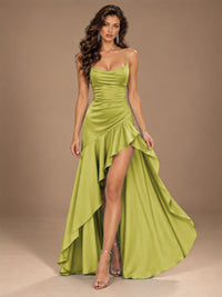 Burgundy Spaghetti Strap Ruched Prom Dress with Ruffled High Slit
