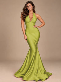 Pink Halter Deep V-Neck Ruched Mermaid Prom Dress