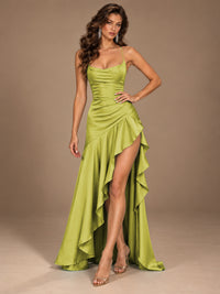 Burgundy Spaghetti Strap Ruched Prom Dress with Ruffled High Slit