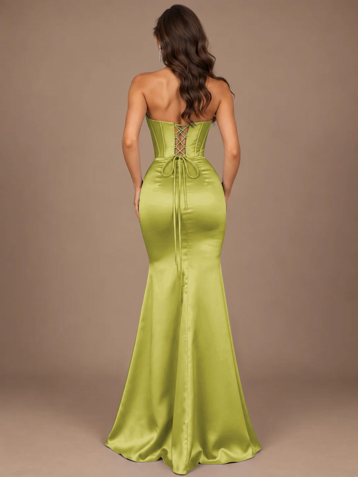 Dusty Blue Strapless Lace Corset Prom Dress with High Slit