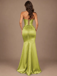 Dusty Blue Strapless Lace Corset Prom Dress with High Slit