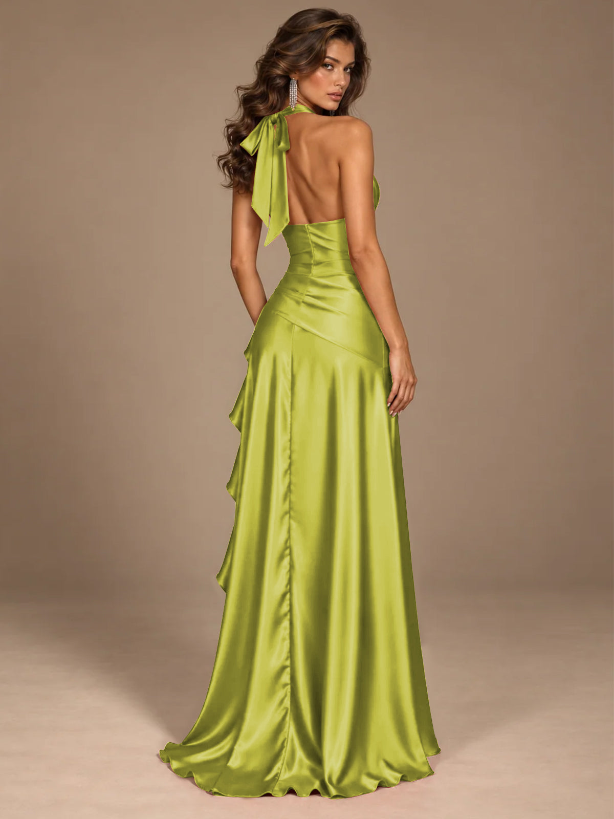 Burgundy Halter Deep V-Neck Ruched High Slit Ruffle Prom Dress