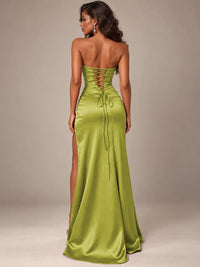 Burgundy Strapless Sparkly Corset Prom Dress with High Slit