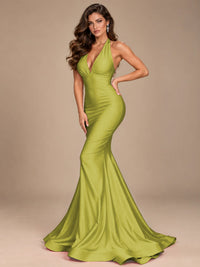 Pink Halter Deep V-Neck Ruched Mermaid Prom Dress