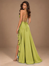 Burgundy Spaghetti Strap Ruched Prom Dress with Ruffled High Slit
