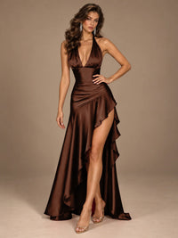 Burgundy Halter Deep V-Neck Ruched High Slit Ruffle Prom Dress