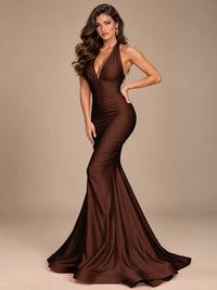 Pink Halter Deep V-Neck Ruched Mermaid Prom Dress
