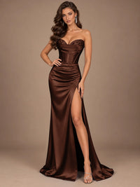 Dusty Blue Strapless Lace Corset Prom Dress with High Slit