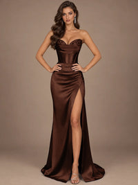 Dusty Blue Strapless Lace Corset Prom Dress with High Slit