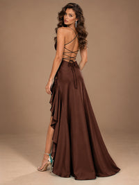 Burgundy Spaghetti Strap Ruched Prom Dress with Ruffled High Slit