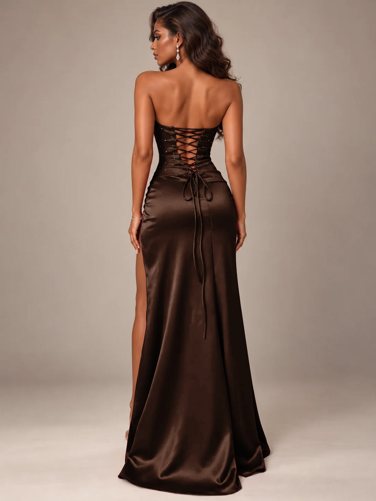 Burgundy Strapless Sparkly Corset Prom Dress with High Slit