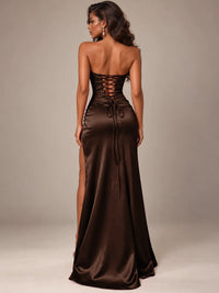 Burgundy Strapless Sparkly Corset Prom Dress with High Slit