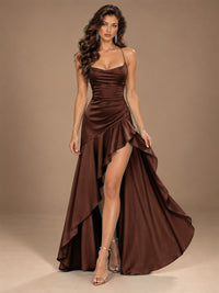 Burgundy Spaghetti Strap Ruched Prom Dress with Ruffled High Slit