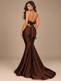 Pink Halter Deep V-Neck Ruched Mermaid Prom Dress
