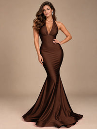 Pink Halter Deep V-Neck Ruched Mermaid Prom Dress