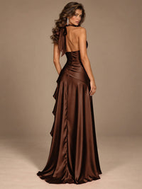 Burgundy Halter Deep V-Neck Ruched High Slit Ruffle Prom Dress
