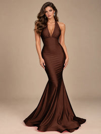 Pink Halter Deep V-Neck Ruched Mermaid Prom Dress