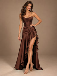 Burgundy Spaghetti Strap Ruched Prom Dress with Ruffled High Slit