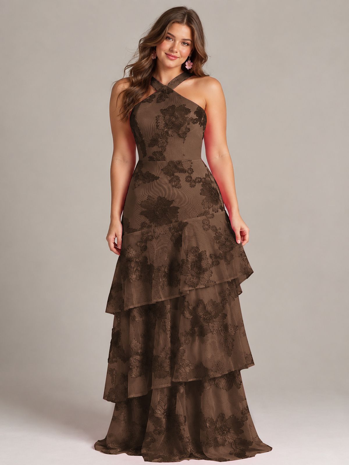 Tiered Ruffles Halter Floral Applique Prom Dress