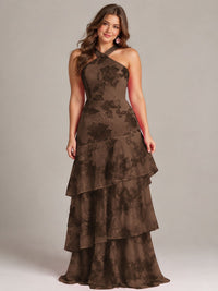 Tiered Ruffles Halter Floral Applique Prom Dress