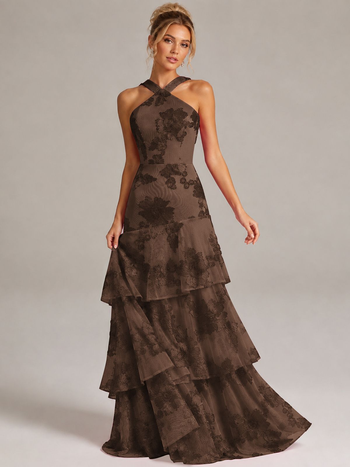 Tiered Ruffles Halter Floral Applique Prom Dress