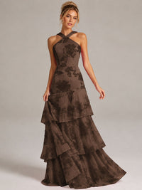 Tiered Ruffles Halter Floral Applique Prom Dress