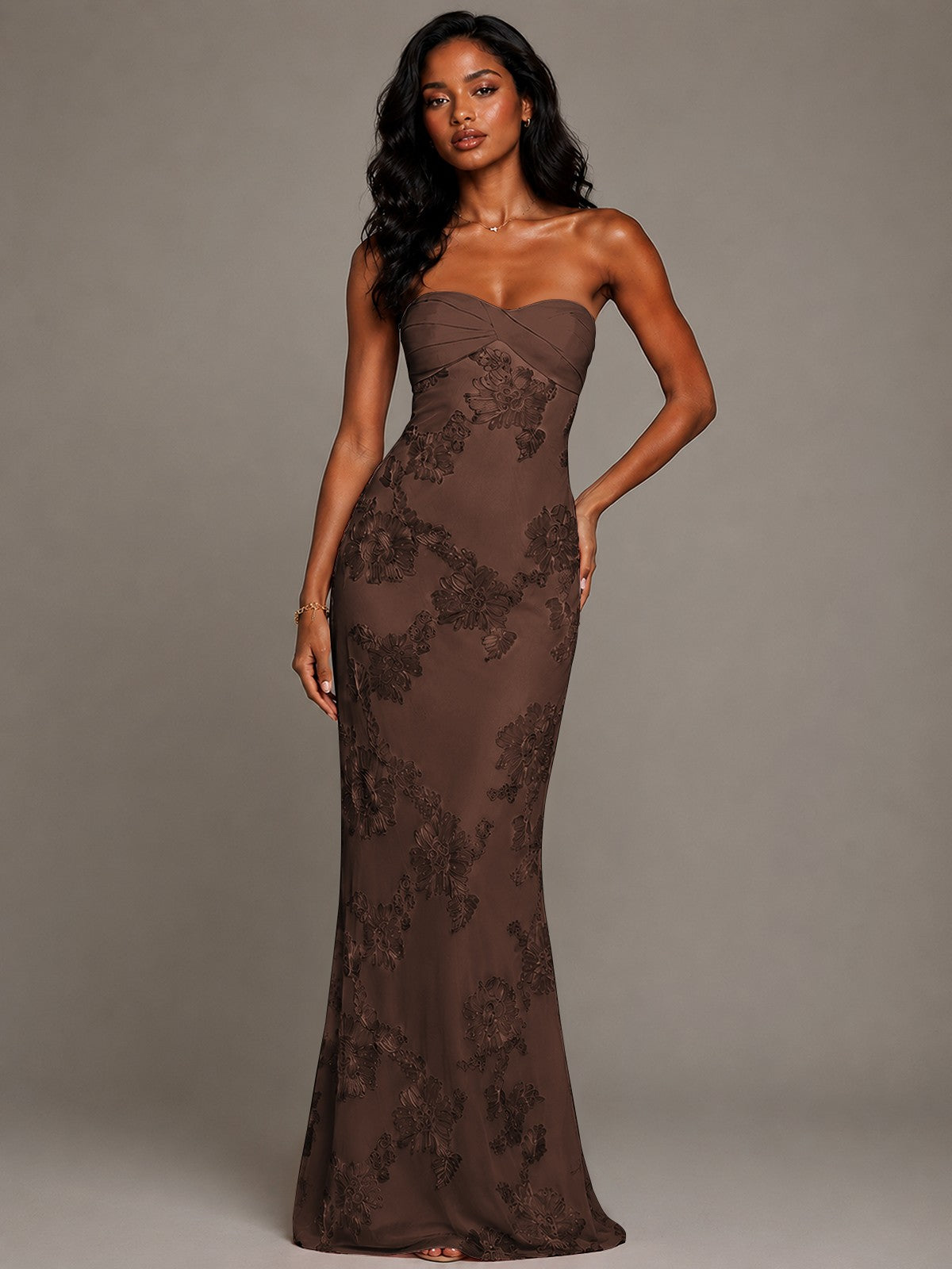Strapless Floral Applique Mermaid Prom Dress