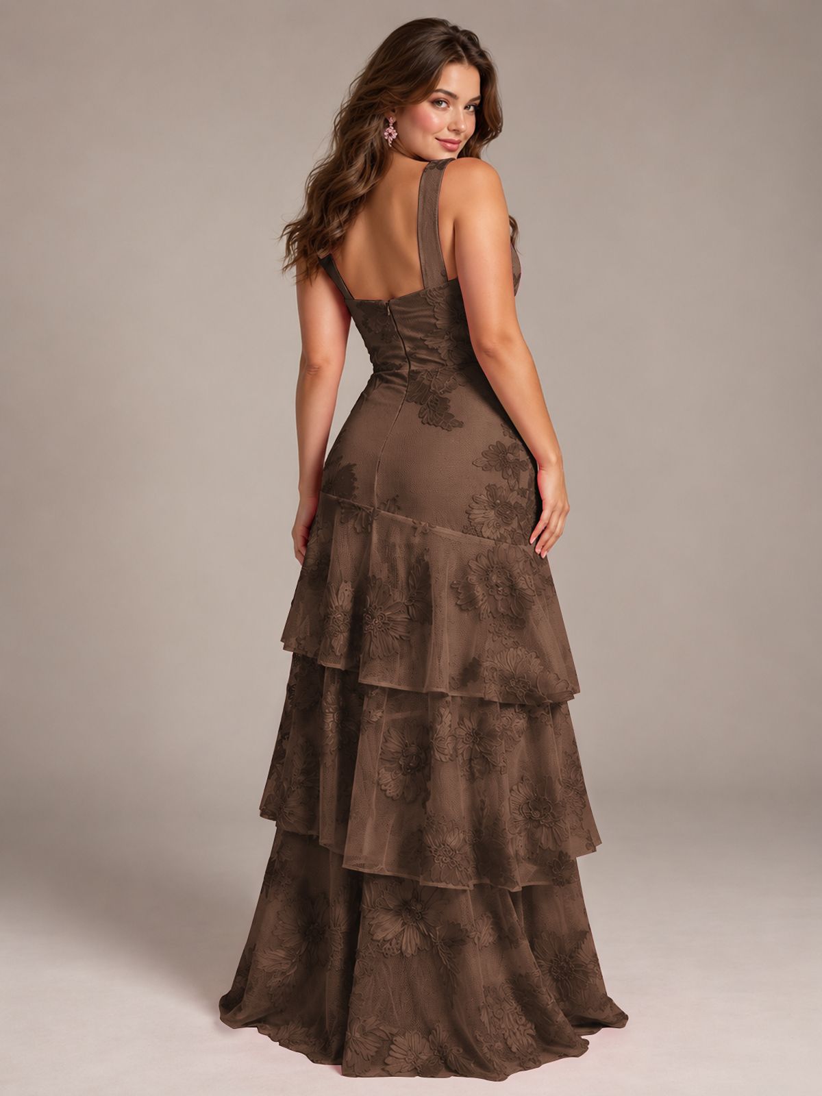 Tiered Ruffles Halter Floral Applique Prom Dress