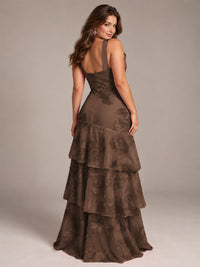 Tiered Ruffles Halter Floral Applique Prom Dress