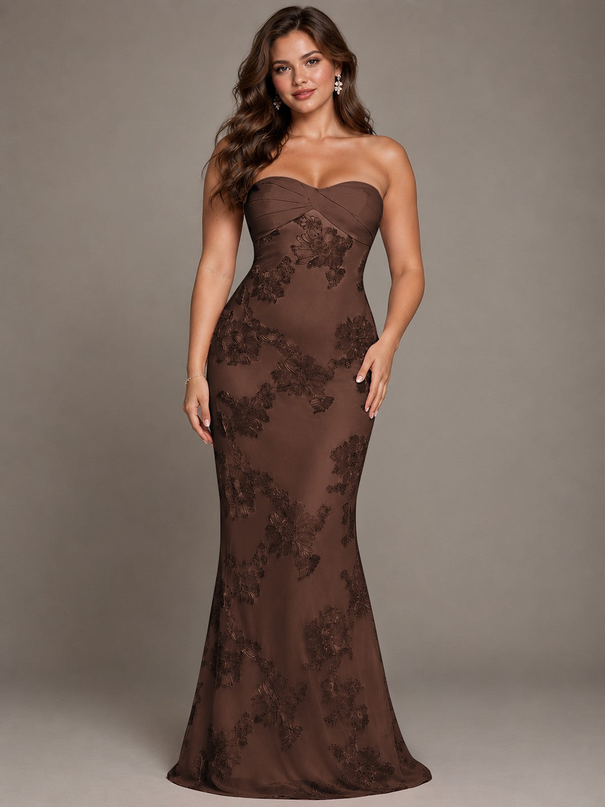 Strapless Floral Applique Mermaid Prom Dress