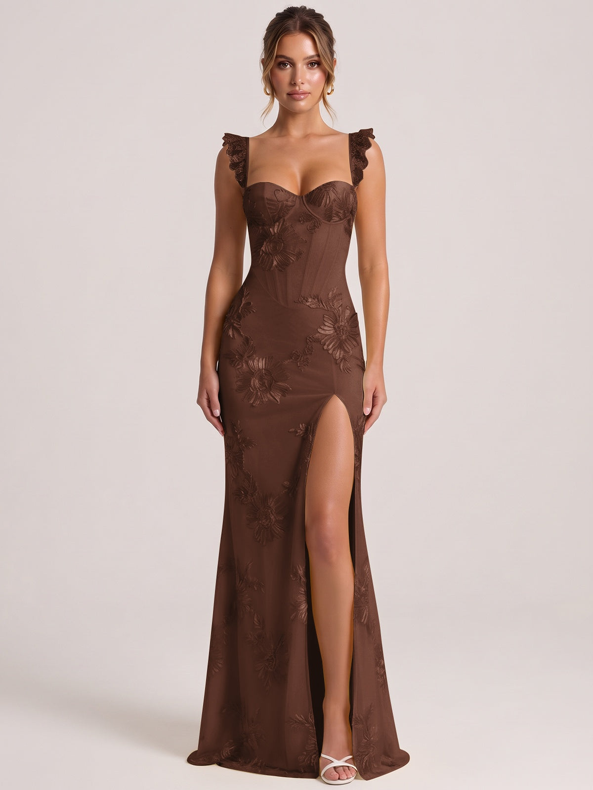 Chocolate Sweetheart Floral Applique Corset Mermaid Prom Dress with High Slit Long Formal Evening Gown