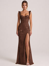 Chocolate Sweetheart Floral Applique Corset Mermaid Prom Dress with High Slit Long Formal Evening Gown
