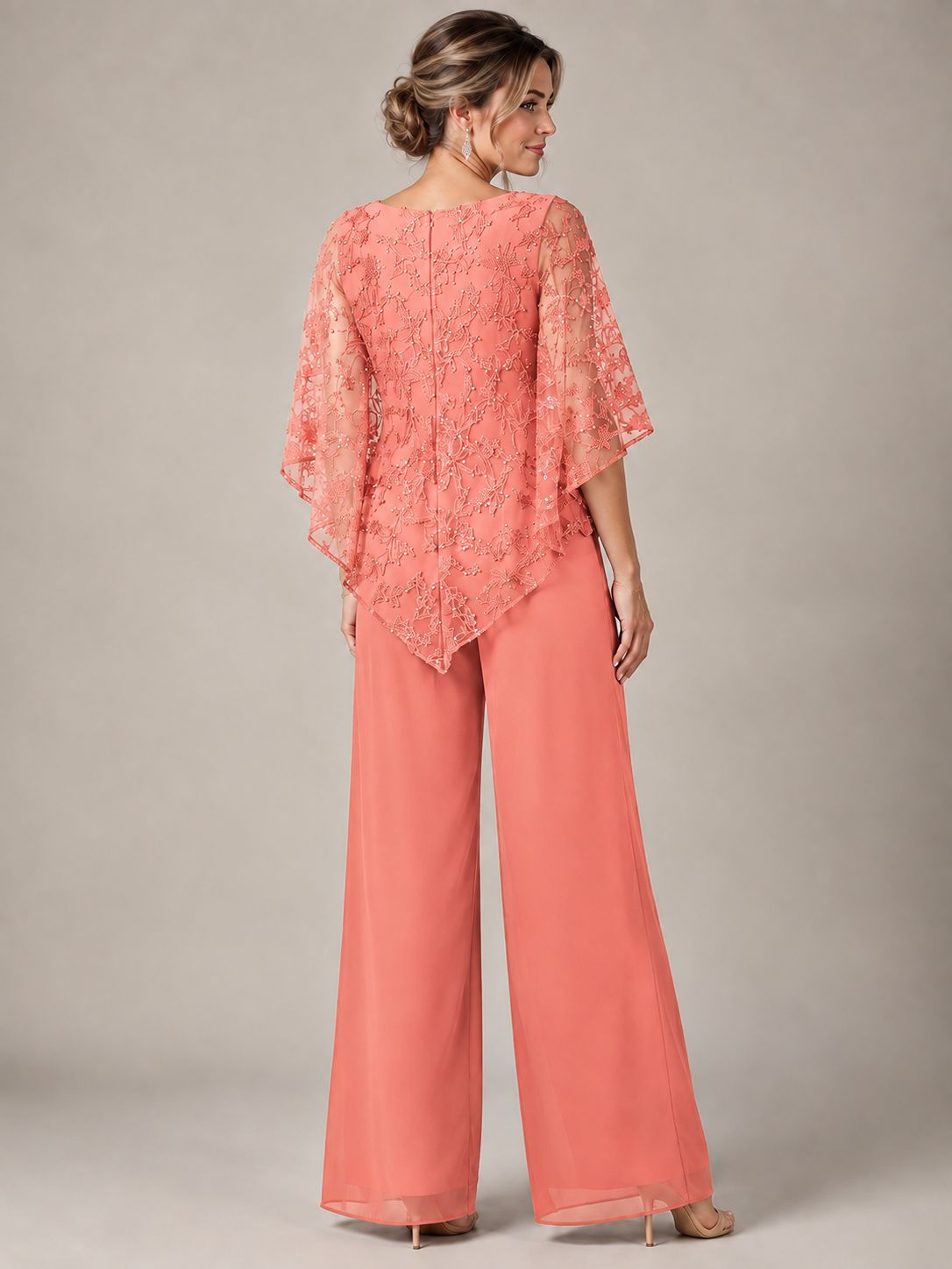 3/4 Sleeve Sequin Chiffon Jumpsuit with Cape